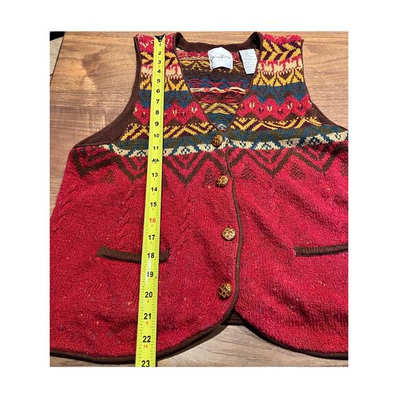 Vintage Ramie Blend Red Artsy Fair Isle Knit Vest Women's Large Jessica Tierney - Picture 3 of 6